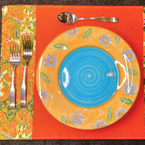 NEW Set of 4 Luxury Placemats - Orange Linen and Floral silk - Picture 4 of 5